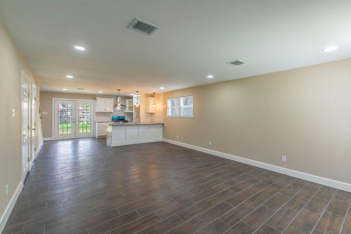 Empty room, Interior, Kitchen, Pendant Lights, Recessed Lighting, Wood Texture Flooring