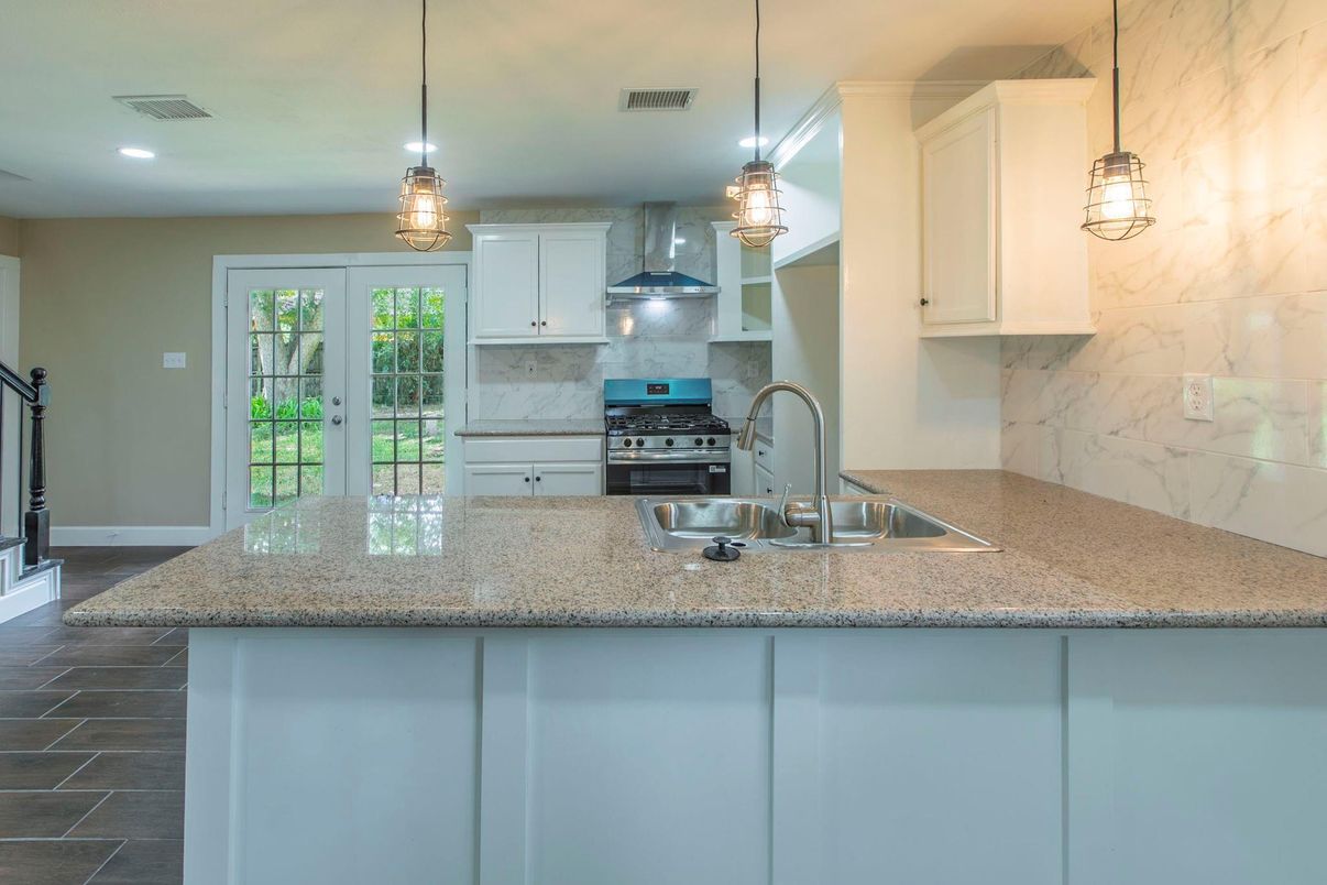 Interior, Kitchen, Marble Walls, Pendant Lights, Recessed Lighting