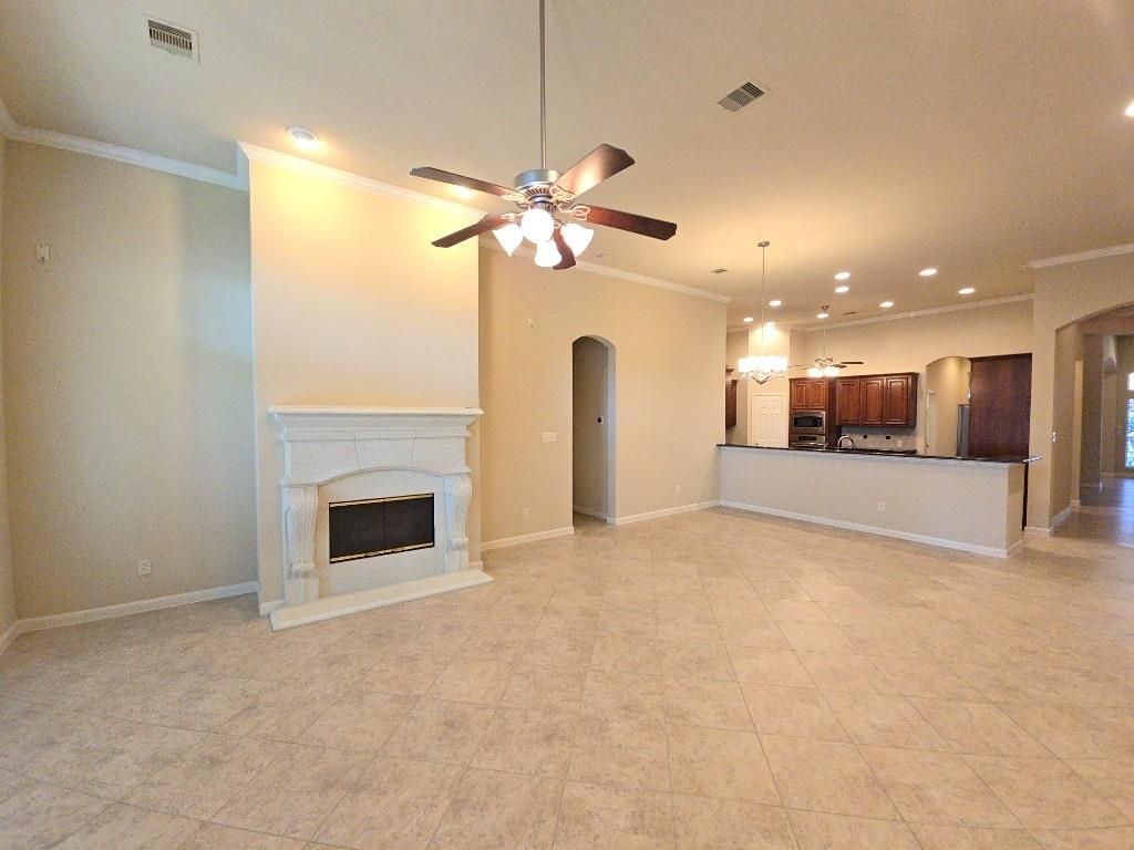 Empty room, Fireplace, Interior, Kitchen, Pendant Lights, Recessed Lighting