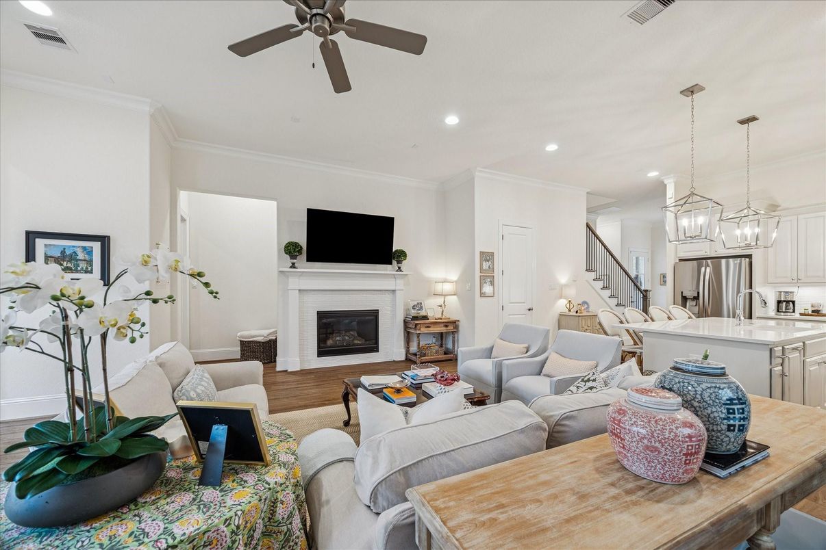 Fireplace, Interior, Kitchen, Living room, Pendant Lights, Recessed Lighting, Stainless Steel Appliances