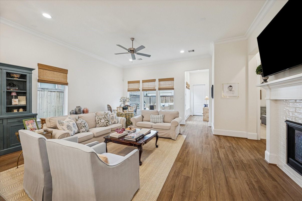 Fireplace, Interior, Living room, Recessed Lighting, Wood Texture Flooring