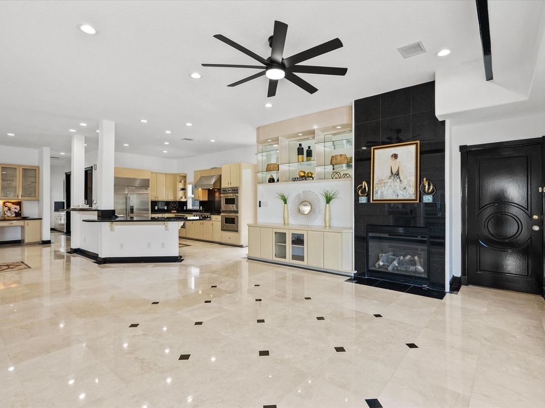 Fireplace, Interior, Kitchen, Recessed Lighting, Stainless Steel Appliances