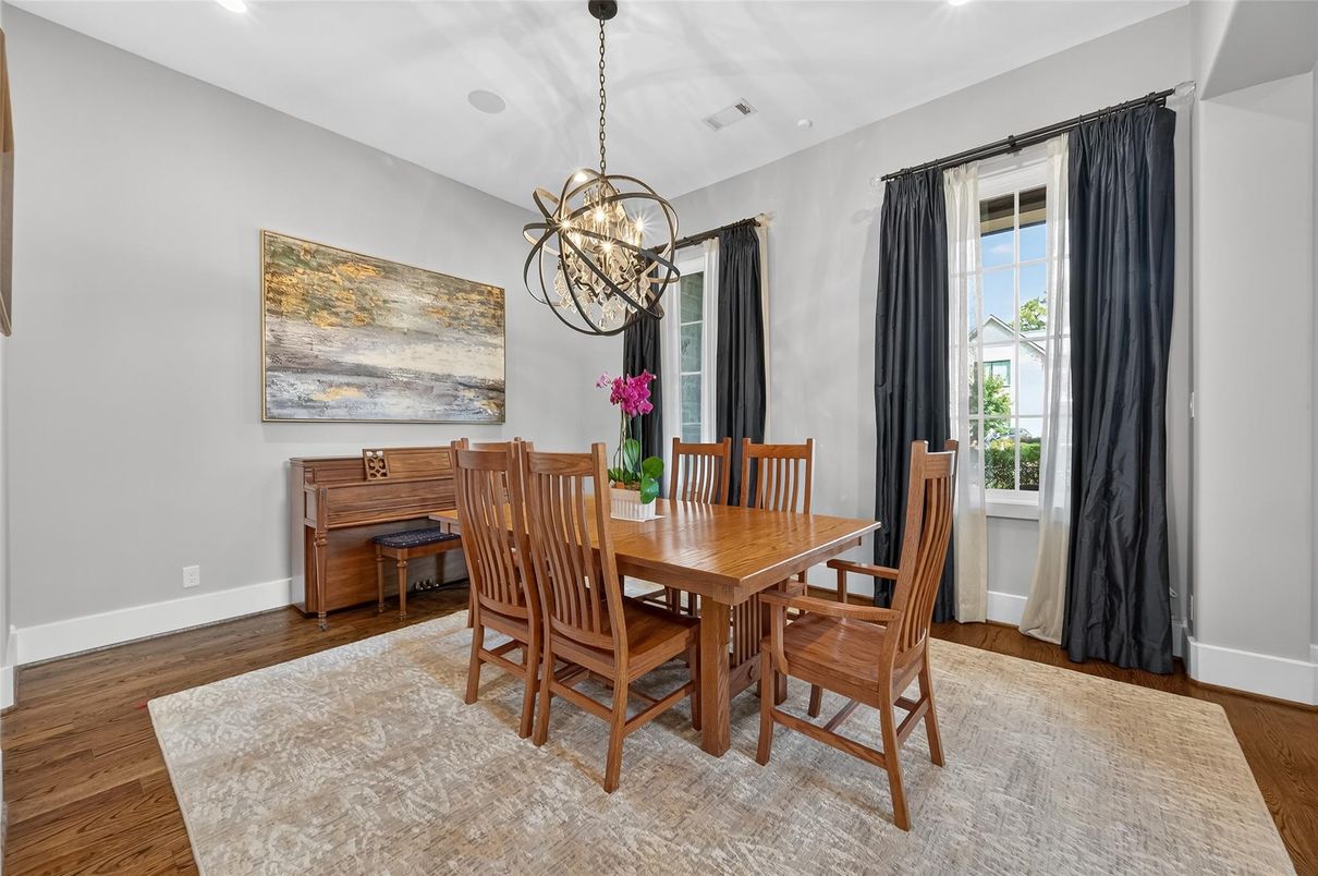 Dining room, Interior, Pendant Lights, Recessed Lighting, Wood Texture Flooring