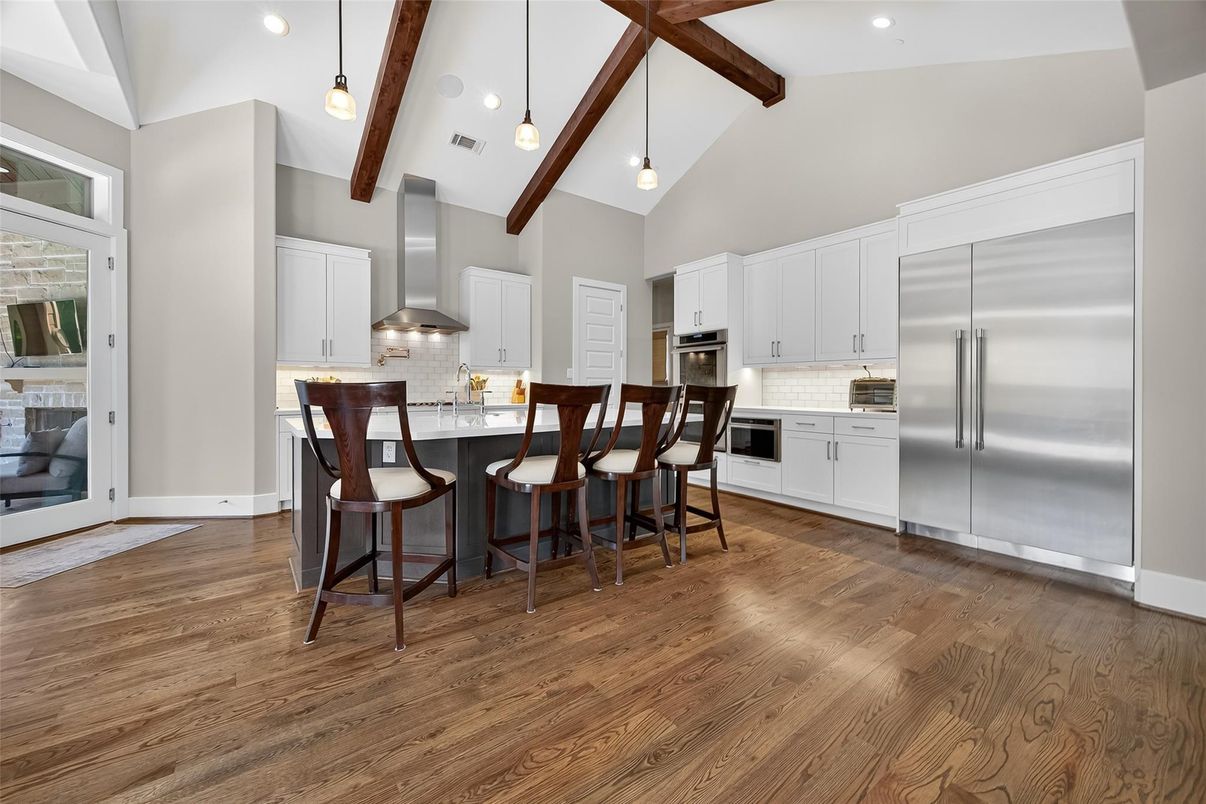Interior, Kitchen, Pendant Lights, Recessed Lighting, Stainless Steel Appliances, Wooden Beams, Wood Texture Flooring