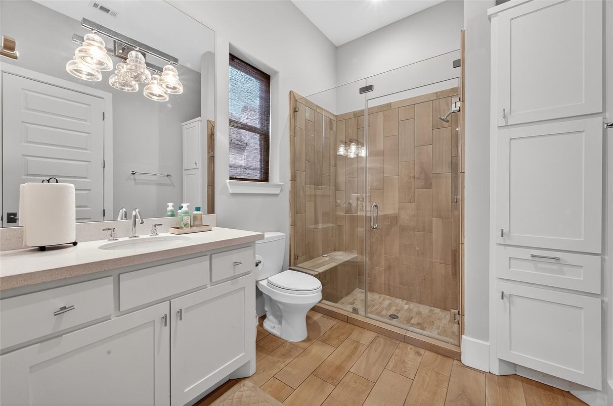 Bathroom, Glass Shower, Interior, Wood Texture Flooring