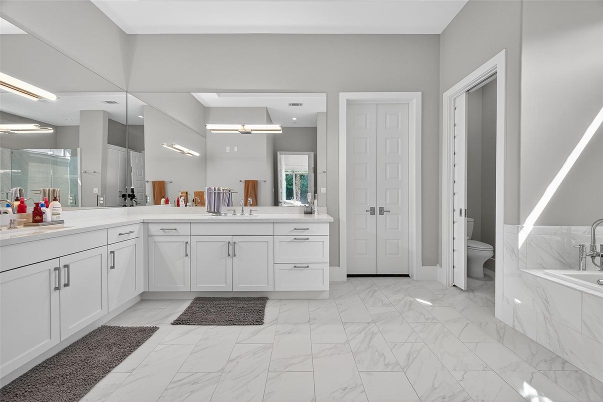 Bathroom, Dual Sink Vanities, Interior, Marble, Recessed Lighting