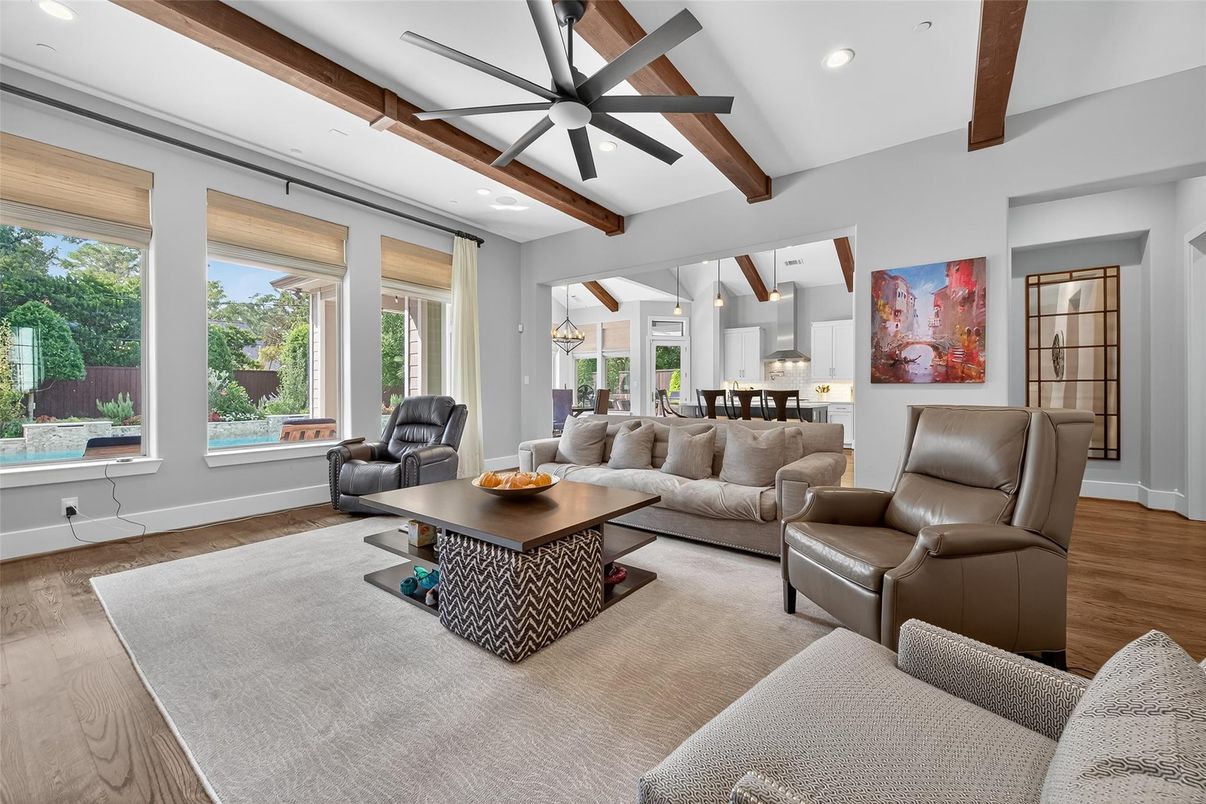Interior, Kitchen, Living room, Recessed Lighting, Wooden Beams, Wood Texture Flooring