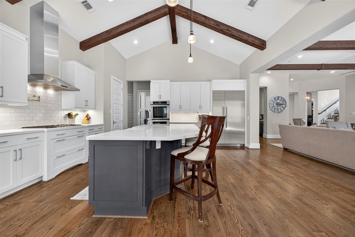 Interior, Kitchen, Pendant Lights, Recessed Lighting, Stainless Steel Appliances, Wooden Beams, Wood Texture Flooring