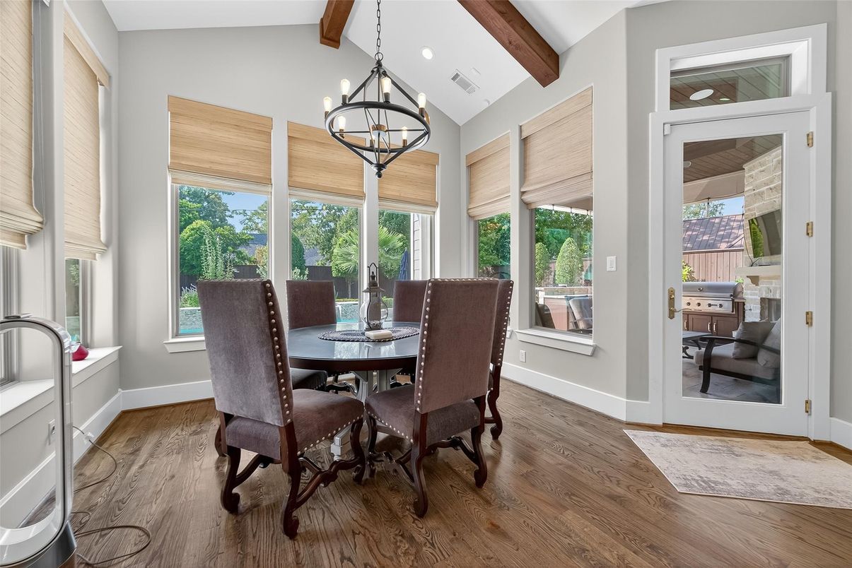 Chandelier, Dining room, Interior, Wooden Beams, Wood Texture Flooring