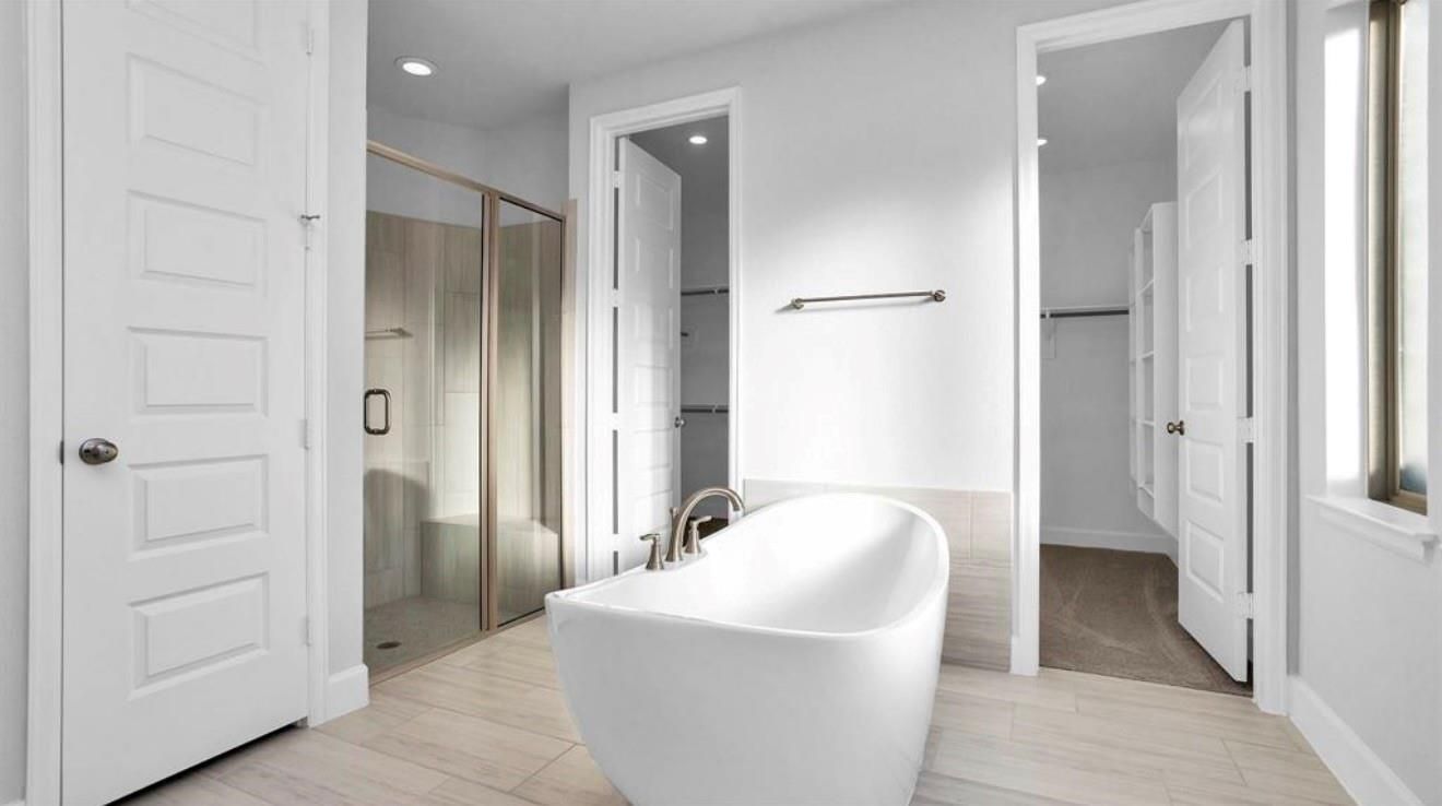 Bathroom, Free Standing Baths, Glass Shower, Interior, Recessed Lighting, Wood Texture Flooring