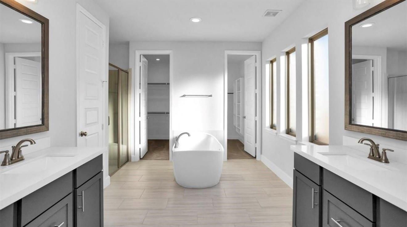 Bathroom, Dual Sink Vanities, Free Standing Baths, Interior, Recessed Lighting, Wood Texture Flooring