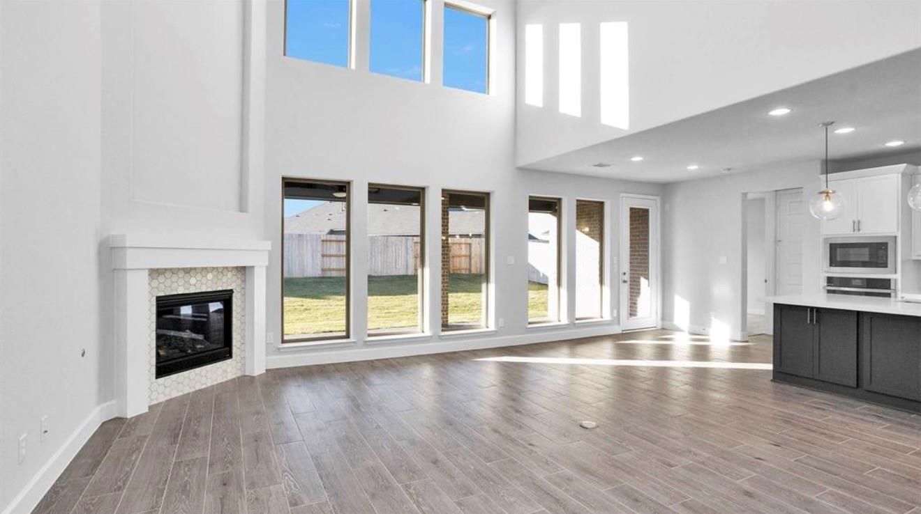 Fireplace, Interior, Pendant Lights, Recessed Lighting, Wood Texture Flooring