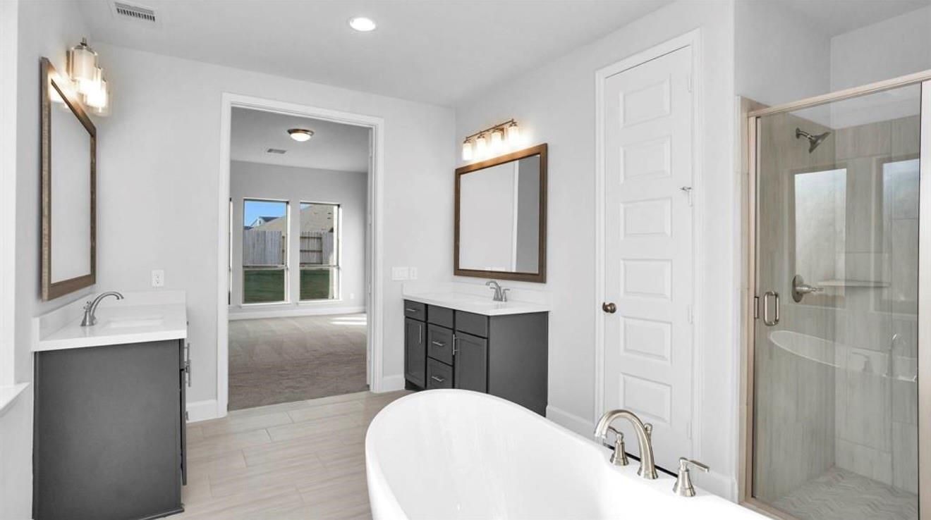 Bathroom, Dual Sink Vanities, Free Standing Baths, Glass Shower, Interior, Recessed Lighting