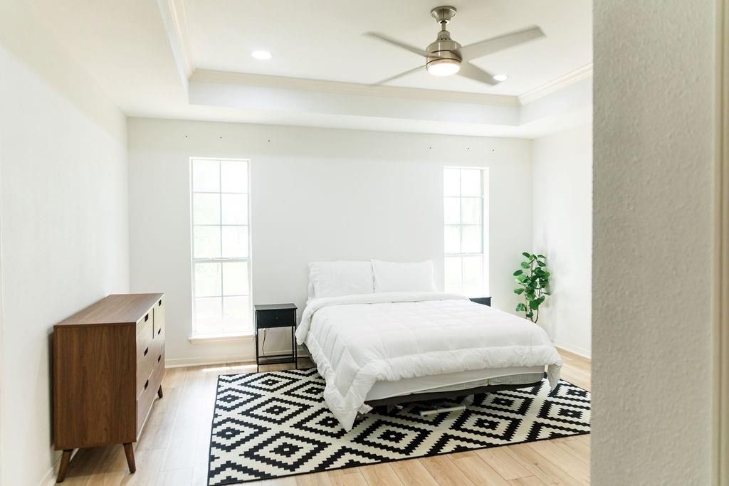 Bedroom, Interior, Recessed Lighting, Wood Texture Flooring
