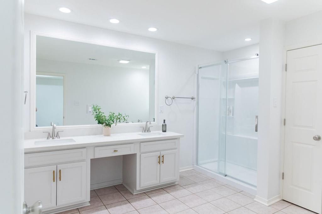 Bathroom, Dual Sink Vanities, Glass Shower, Interior, Recessed Lighting