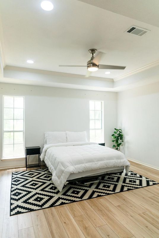 Bedroom, Interior, Recessed Lighting, Wood Texture Flooring