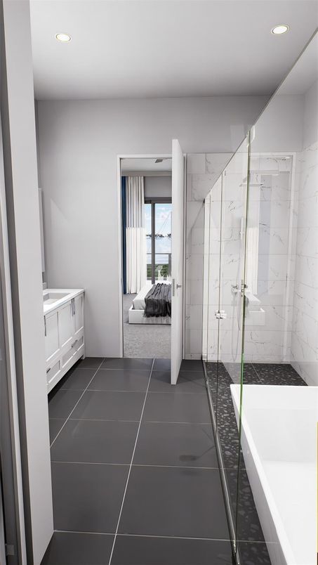 Bathroom, Glass Shower, Interior, Marble Walls, Recessed Lighting