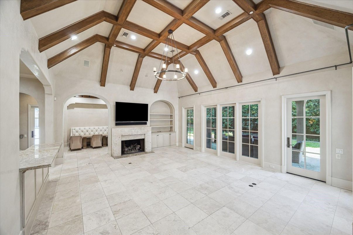 Empty room, Fireplace, Interior, Pendant Lights, Recessed Lighting, Wooden Beams