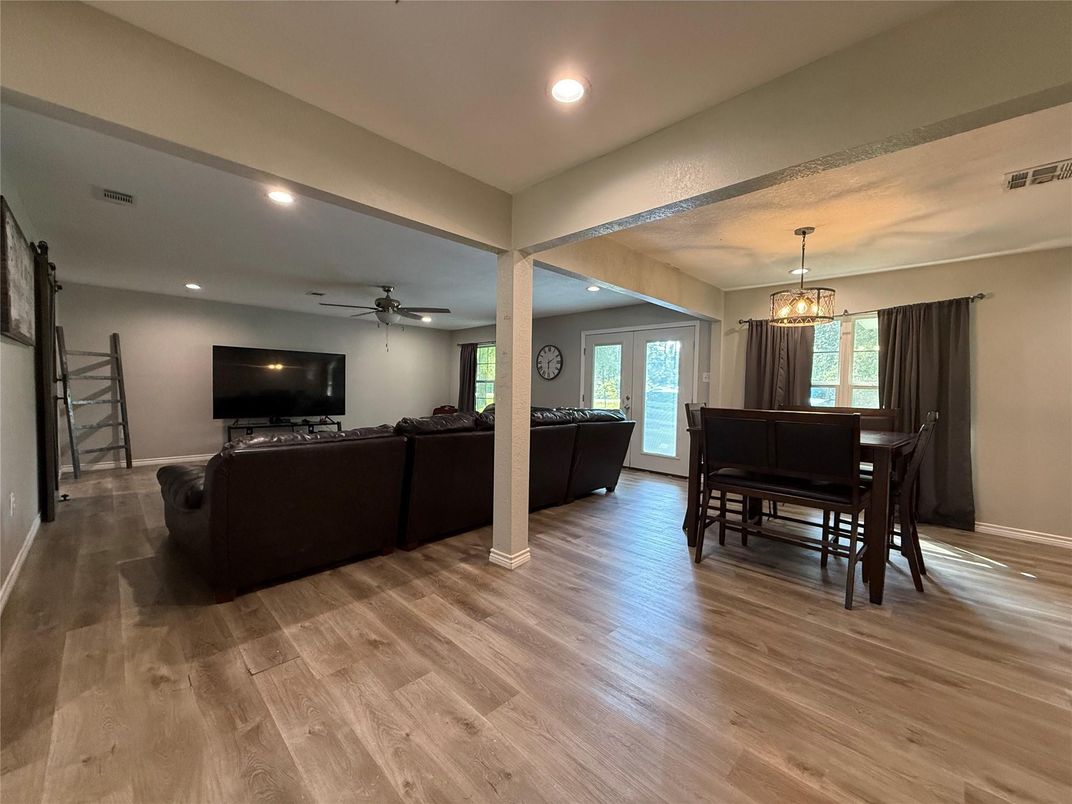 Dining room, Interior, Living room, Pendant Lights, Recessed Lighting, Wood Texture Flooring