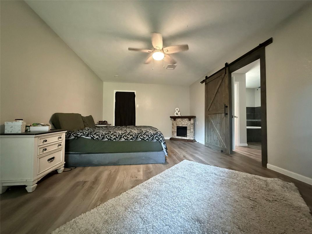 Bedroom, Fireplace, Interior, Wood Texture Flooring