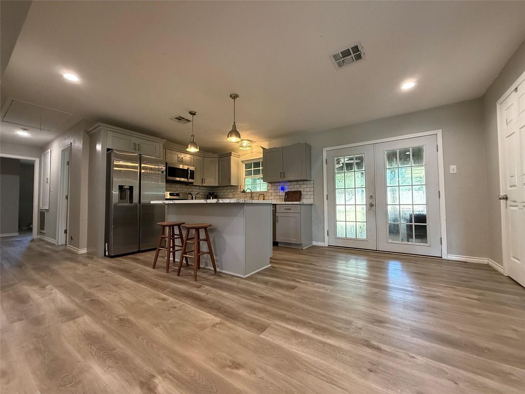 Interior, Kitchen, Pendant Lights, Recessed Lighting, Stainless Steel Appliances, Wood Texture Flooring