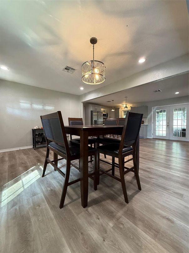 Dining room, Interior, Pendant Lights, Recessed Lighting, Wood Texture Flooring