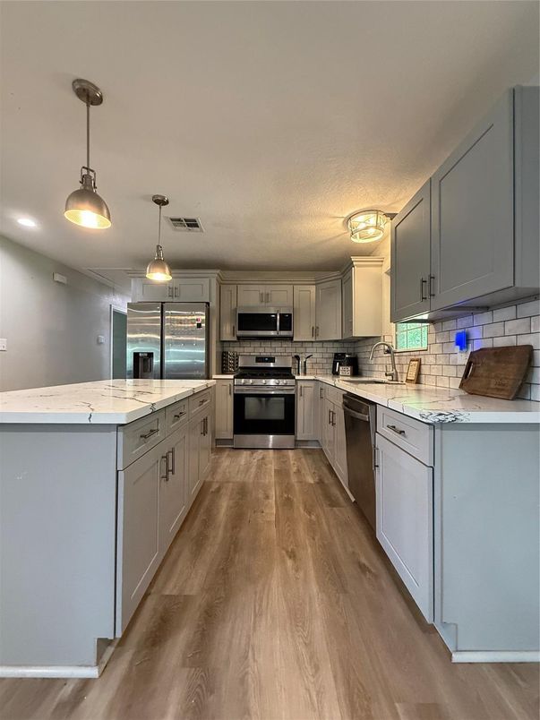 Interior, Kitchen, Pendant Lights, Stainless Steel Appliances, Wood Texture Flooring