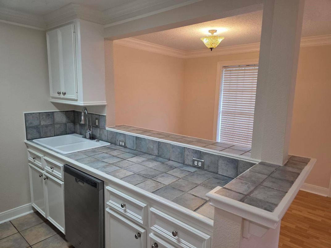Interior, Kitchen, Tile Countertops, Wood Texture Flooring