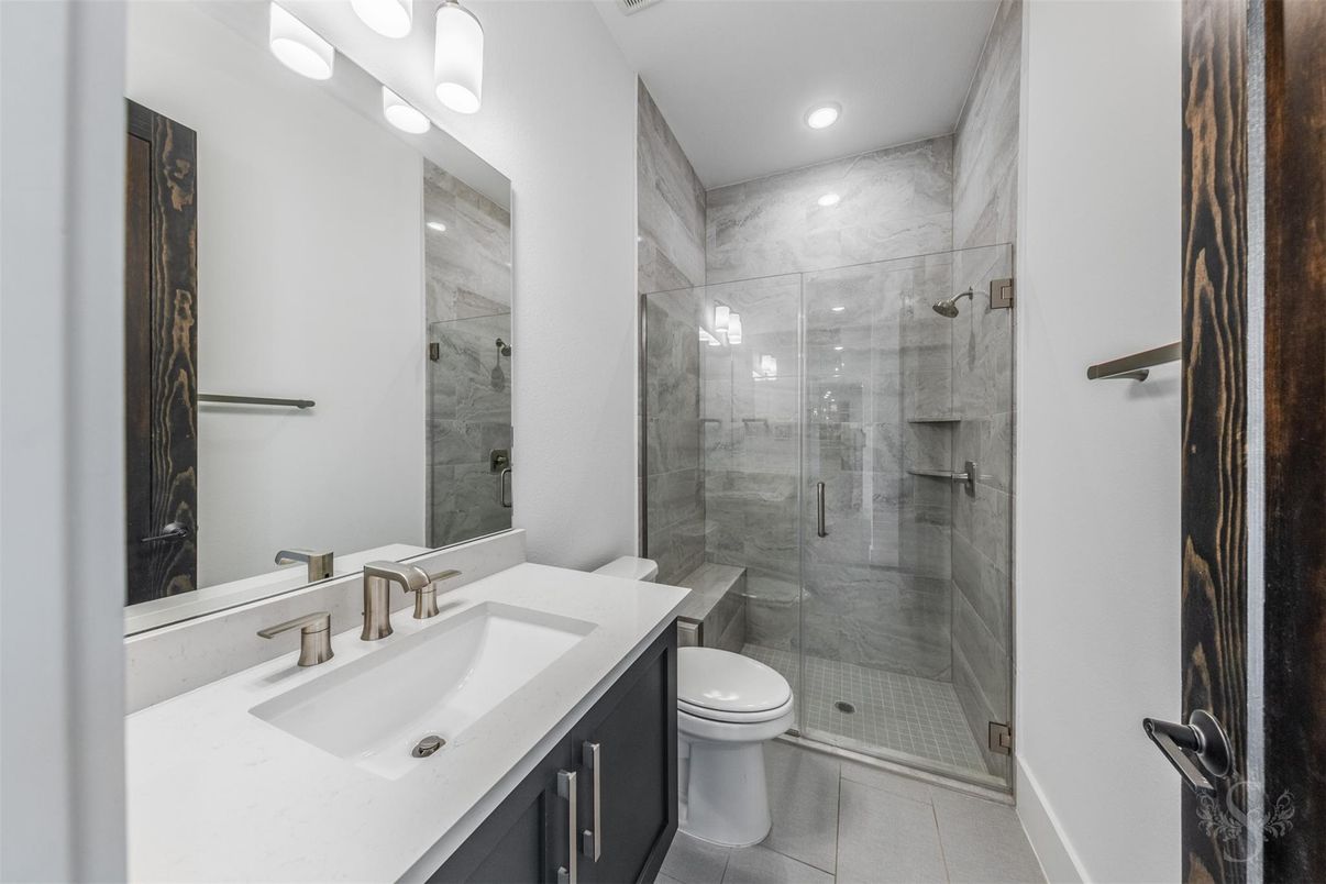 Bathroom, Glass Shower, Interior, Marble Walls, Recessed Lighting