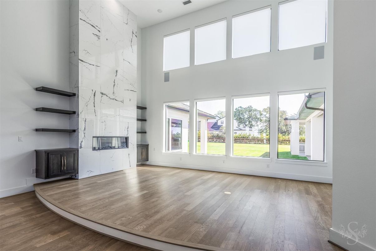 Empty room, Fireplace, Interior, Marble Walls, Wood Texture Flooring