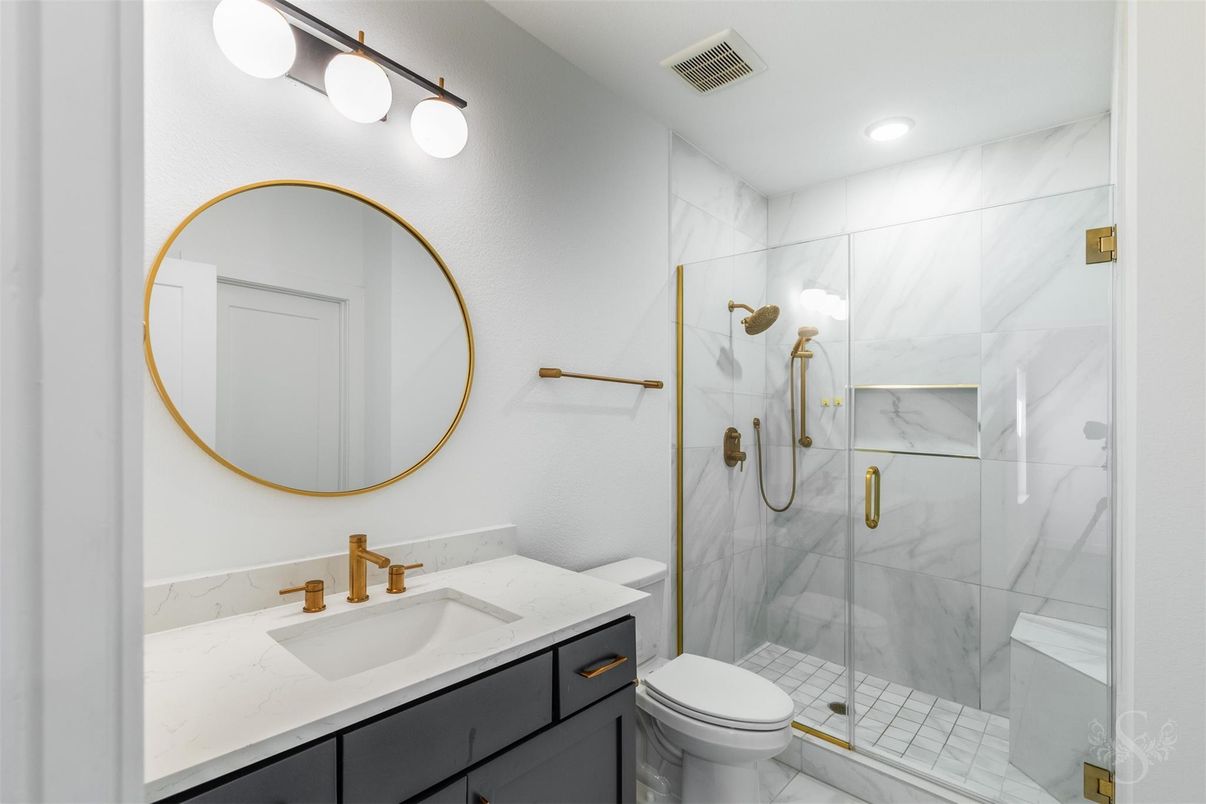 Bathroom, Glass Shower, Interior, Marble Walls, Recessed Lighting