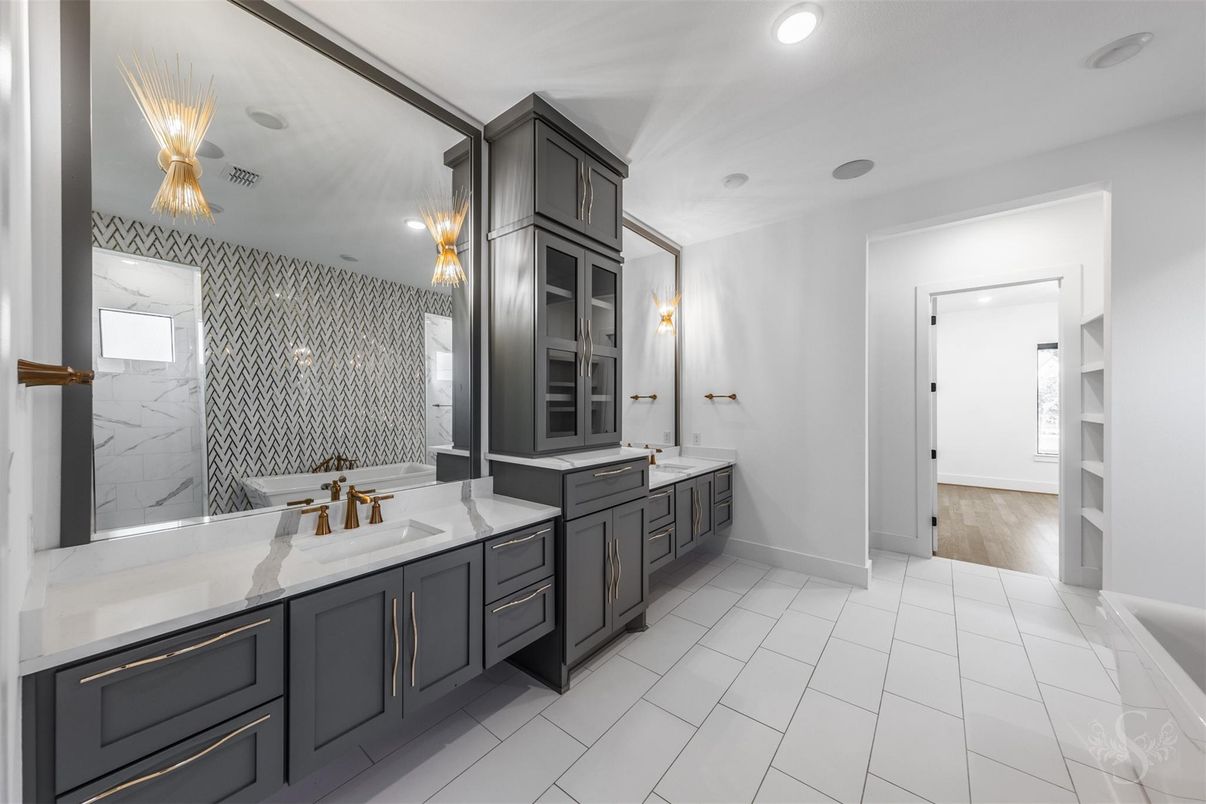 Bathroom, Dual Sink Vanities, Interior, Marble Walls, Recessed Lighting