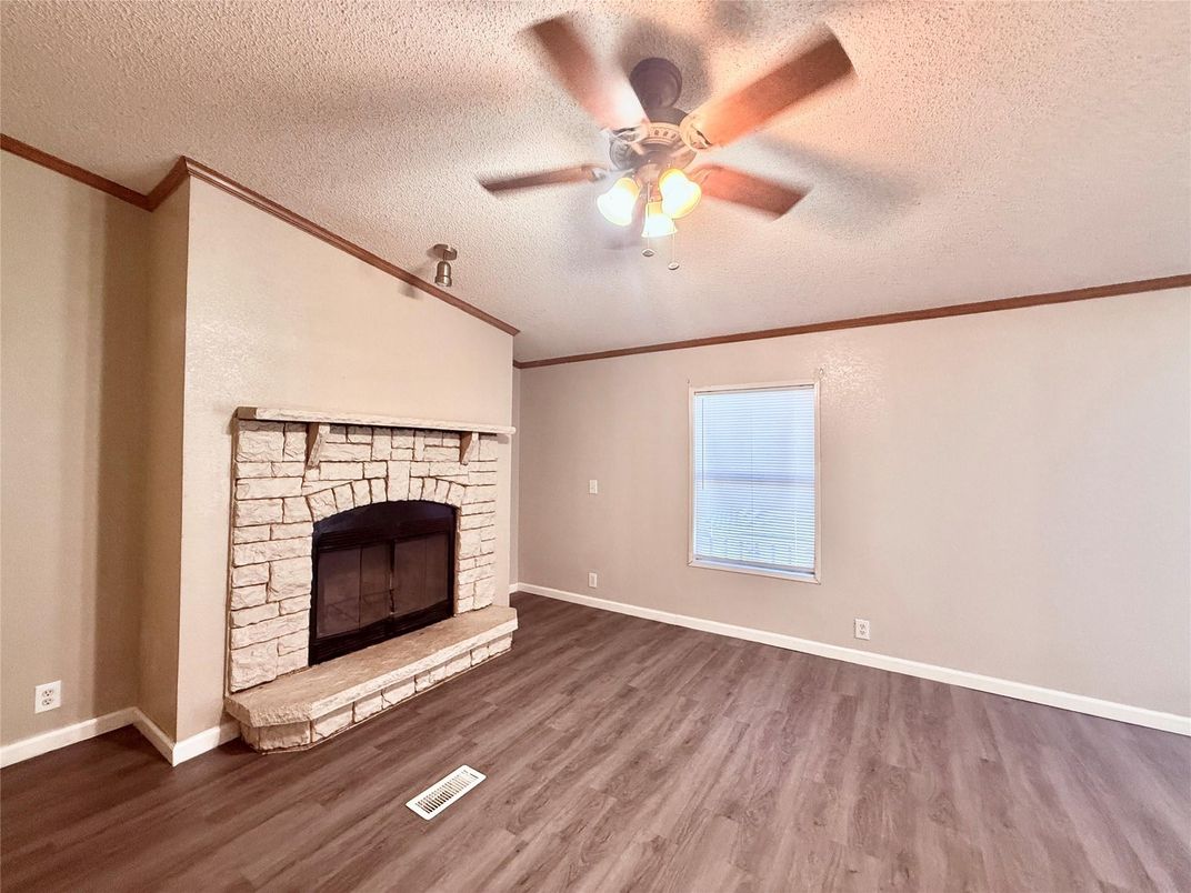 Empty room, Fireplace, Interior, Stone Walls, Wood Texture Flooring