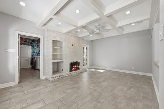 Empty room, Fireplace, Interior, Recessed Lighting, Stone Walls