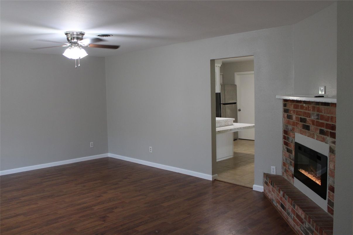 Empty room, Fireplace, Interior, Stone Walls, Wood Texture Flooring