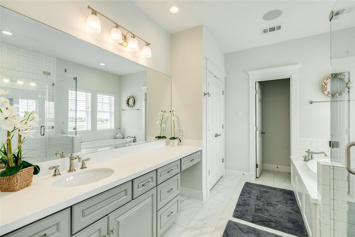 Bathroom, Dual Sink Vanities, Glass Shower, Interior, Marble, Recessed Lighting