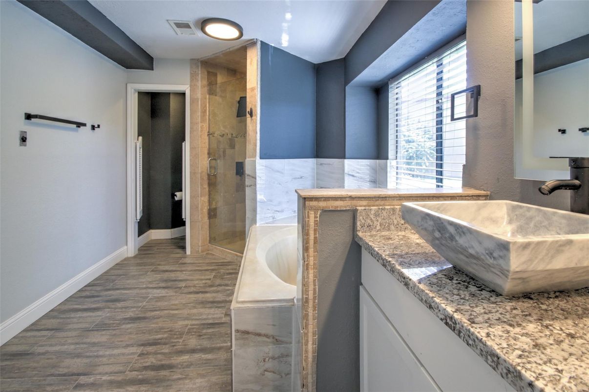 Bathroom, Glass Shower, Interior, Recessed Lighting, Wood Texture Flooring