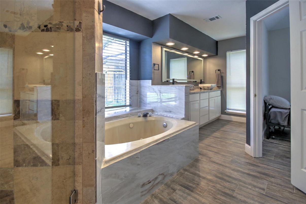 Bathroom, Glass Shower, Interior, Recessed Lighting, Wood Texture Flooring