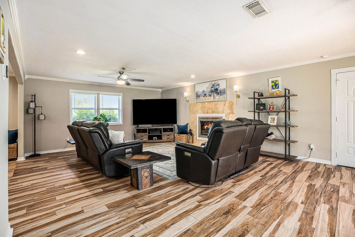 Fireplace, Interior, Living room, Recessed Lighting, Wood Texture Flooring