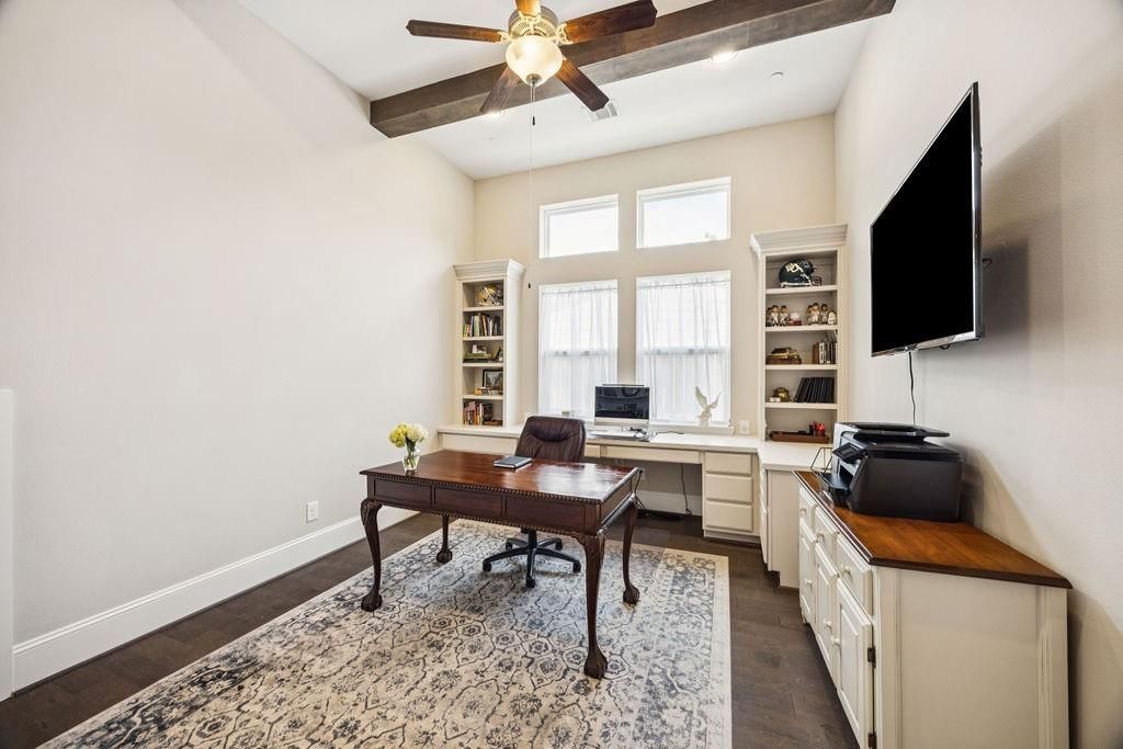 Home Office, Interior, Recessed Lighting, Wooden Beams, Wood Texture Flooring