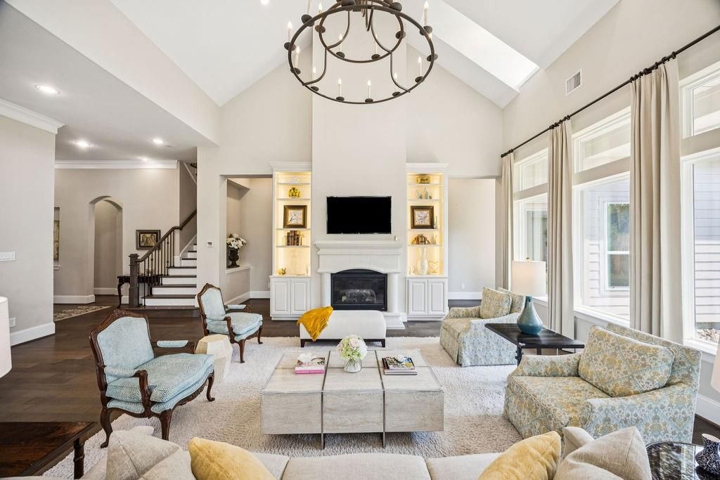 Chandelier, Fireplace, Interior, Living room, Recessed Lighting, Wood Texture Flooring