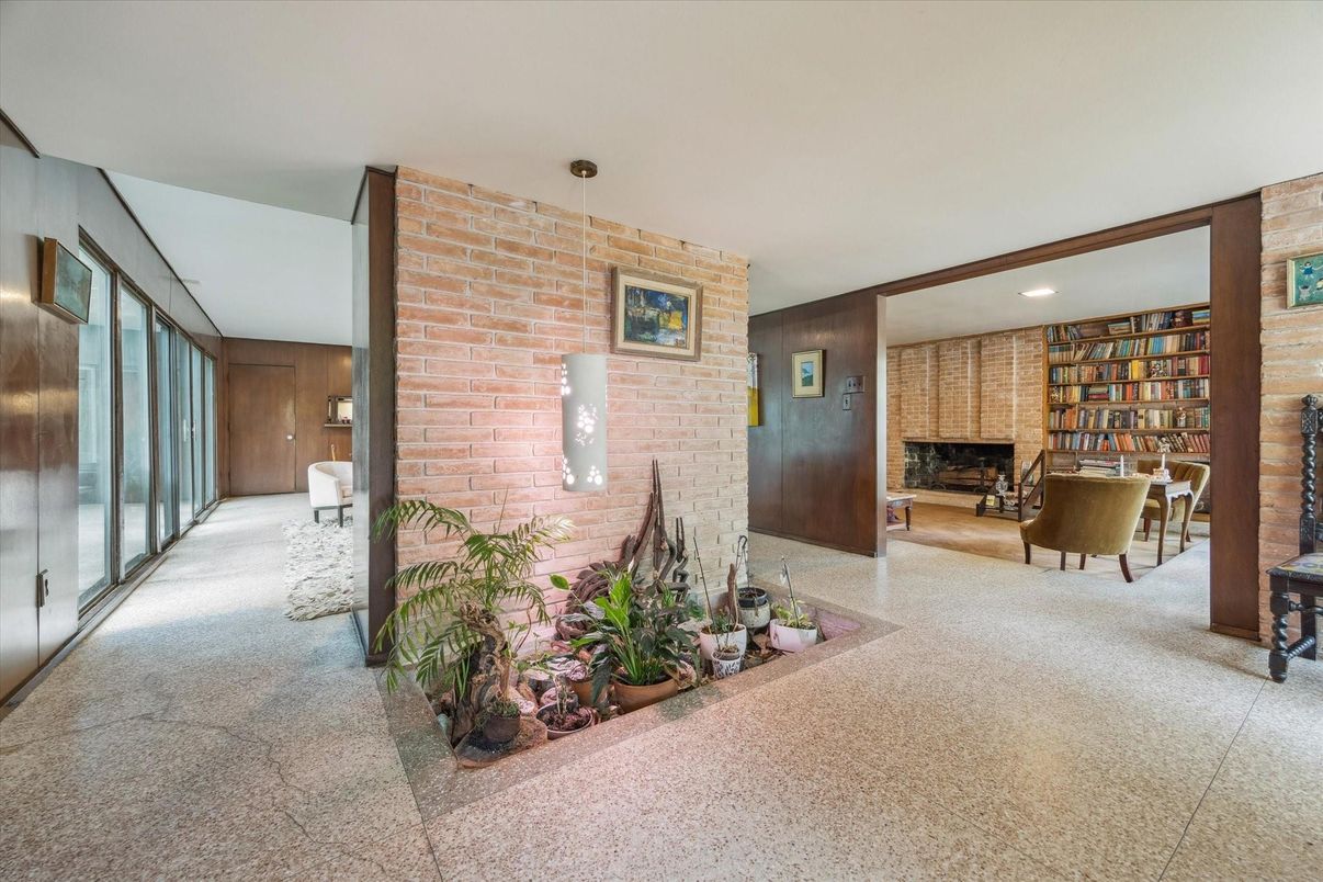 Fireplace, Interior, Recessed Lighting, Stone Walls