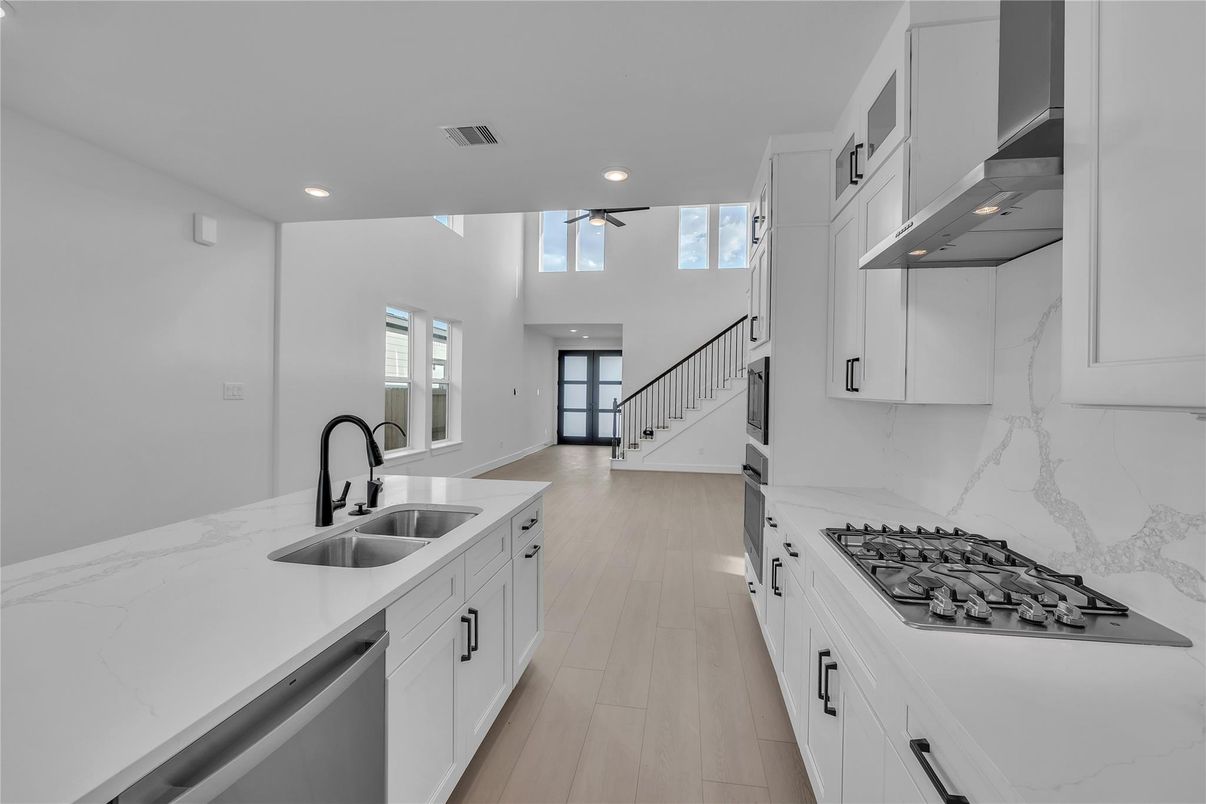 Interior, Kitchen, Marble Walls, Recessed Lighting, Wood Texture Flooring