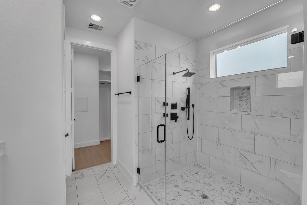 Bathroom, Glass Shower, Interior, Marble, Marble Walls, Recessed Lighting, Wood Texture Flooring