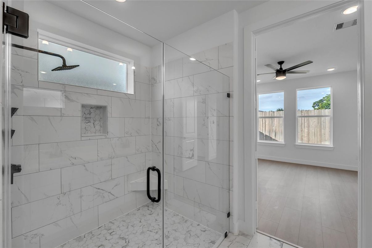 Bathroom, Glass Shower, Interior, Marble Walls, Recessed Lighting, Wood Texture Flooring