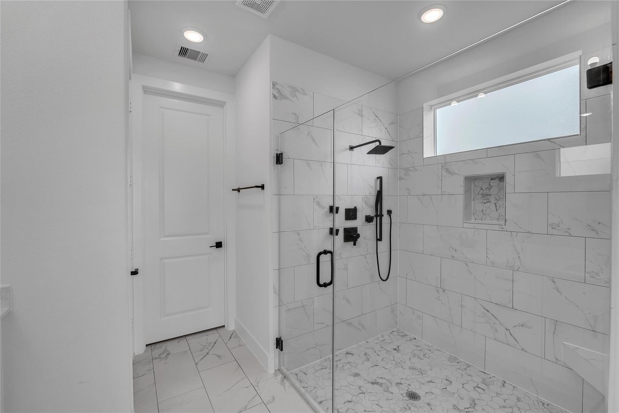 Bathroom, Glass Shower, Interior, Marble, Marble Walls, Recessed Lighting