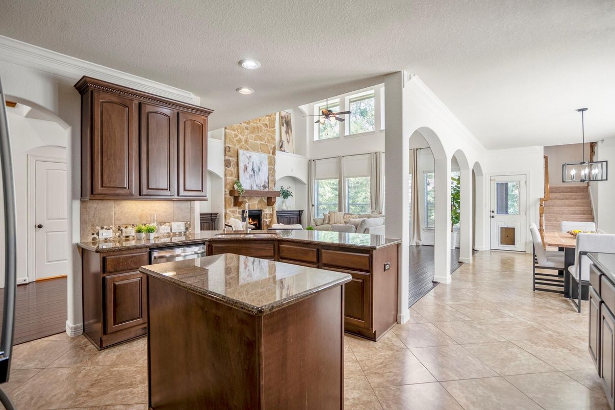Dining room, Fireplace, Interior, Kitchen, Living room, Pendant Lights, Recessed Lighting