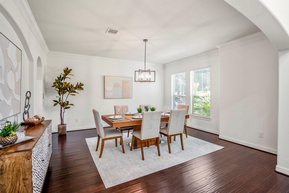 Dining room, Interior, Pendant Lights, Wood Texture Flooring