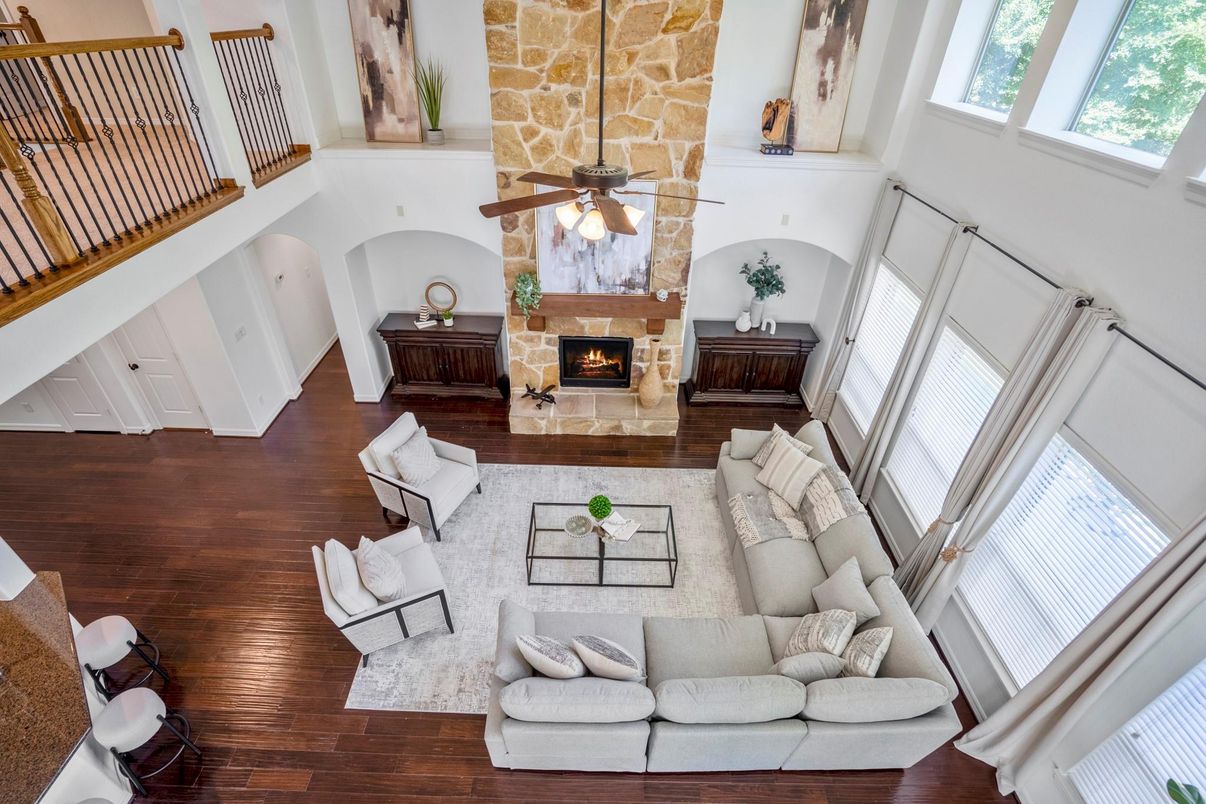 Fireplace, Interior, Living room, Stone Walls, Wooden Beams, Wood Texture Flooring