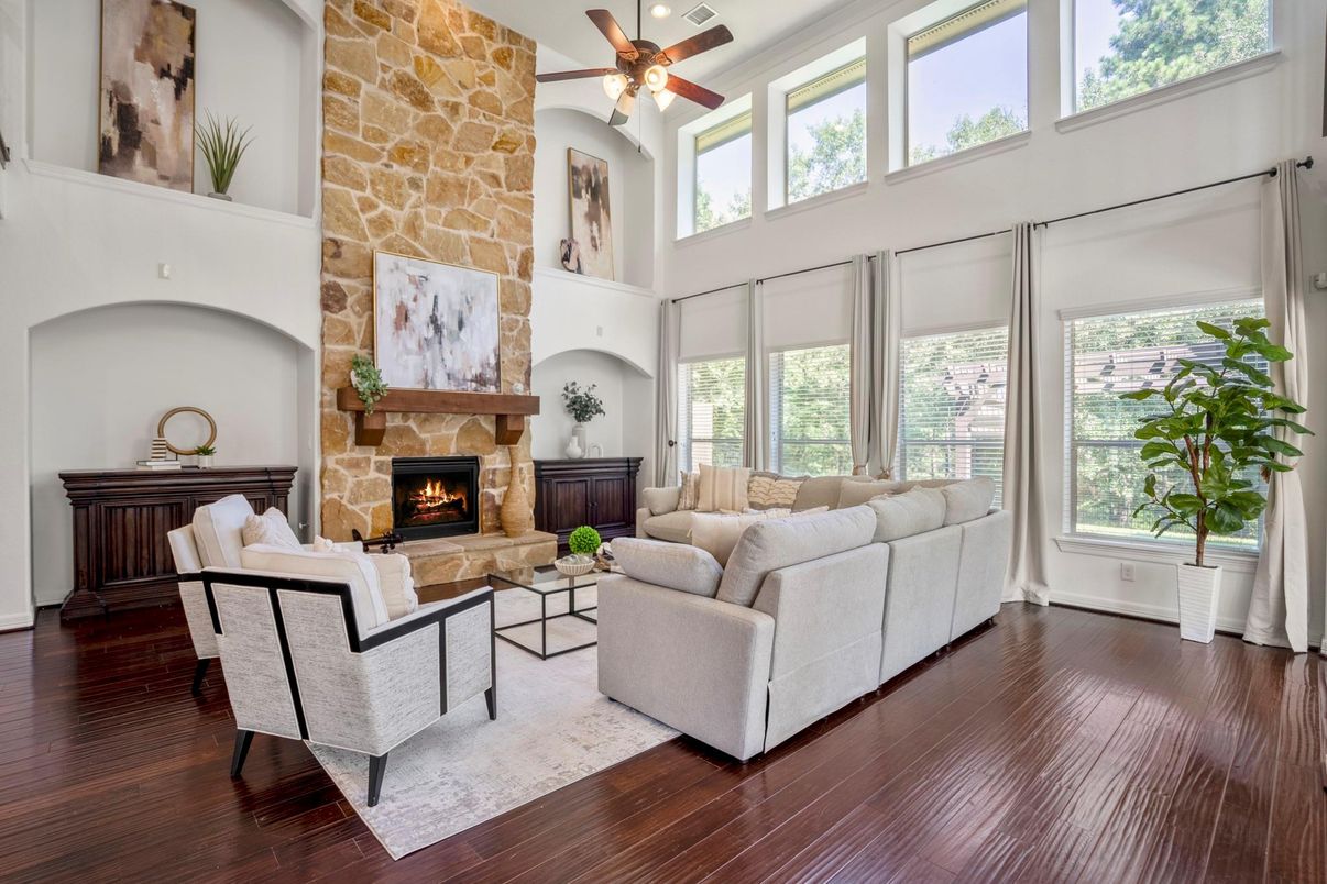 Fireplace, Interior, Living room, Stone Walls, Wood Texture Flooring